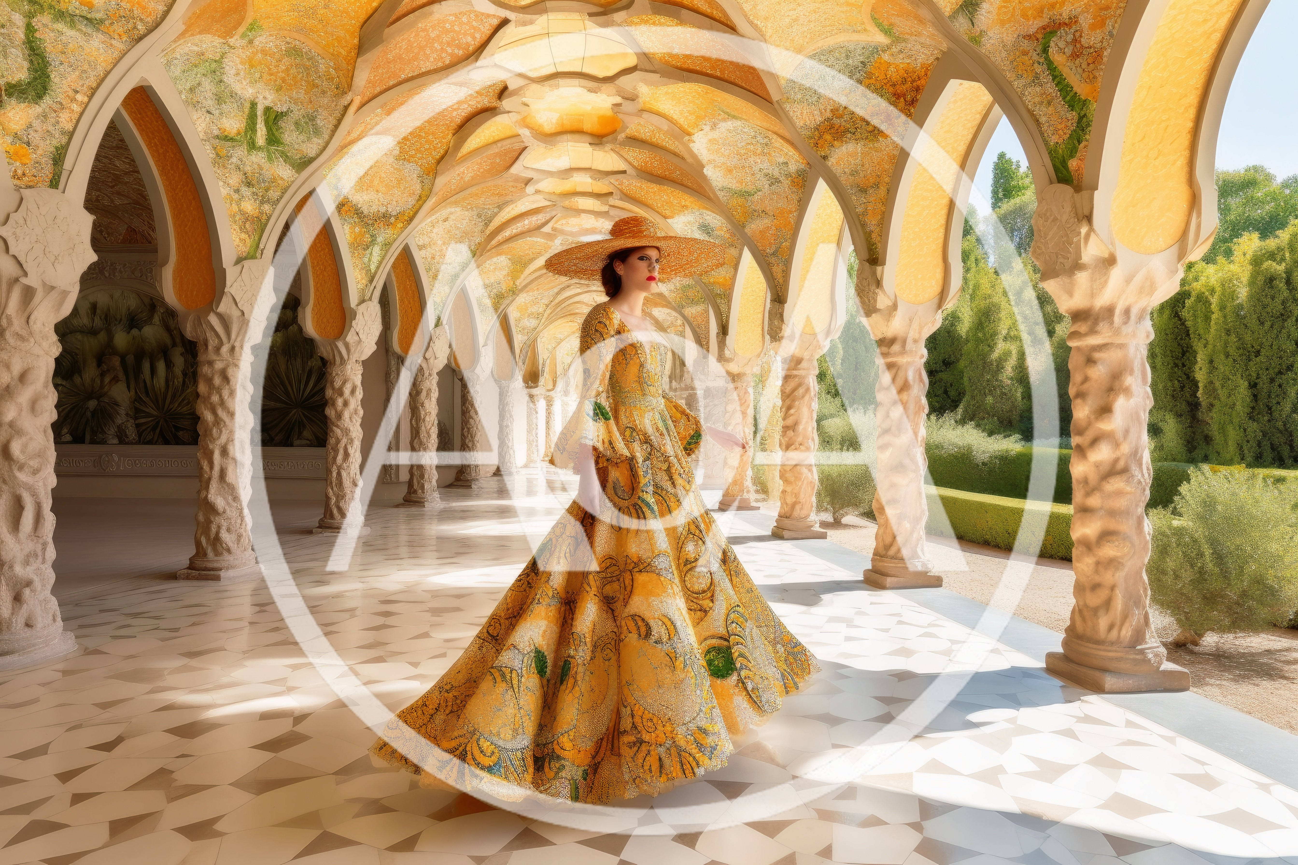 Elegant Woman In Yellow Gown Walking Through Ornate Colonnade