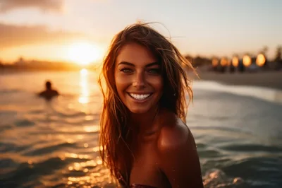Smiling Woman Enjoying Sunset Swim In The Ocean