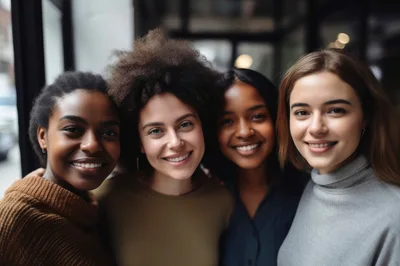 Diverse Group Of Four Women Smiling Together