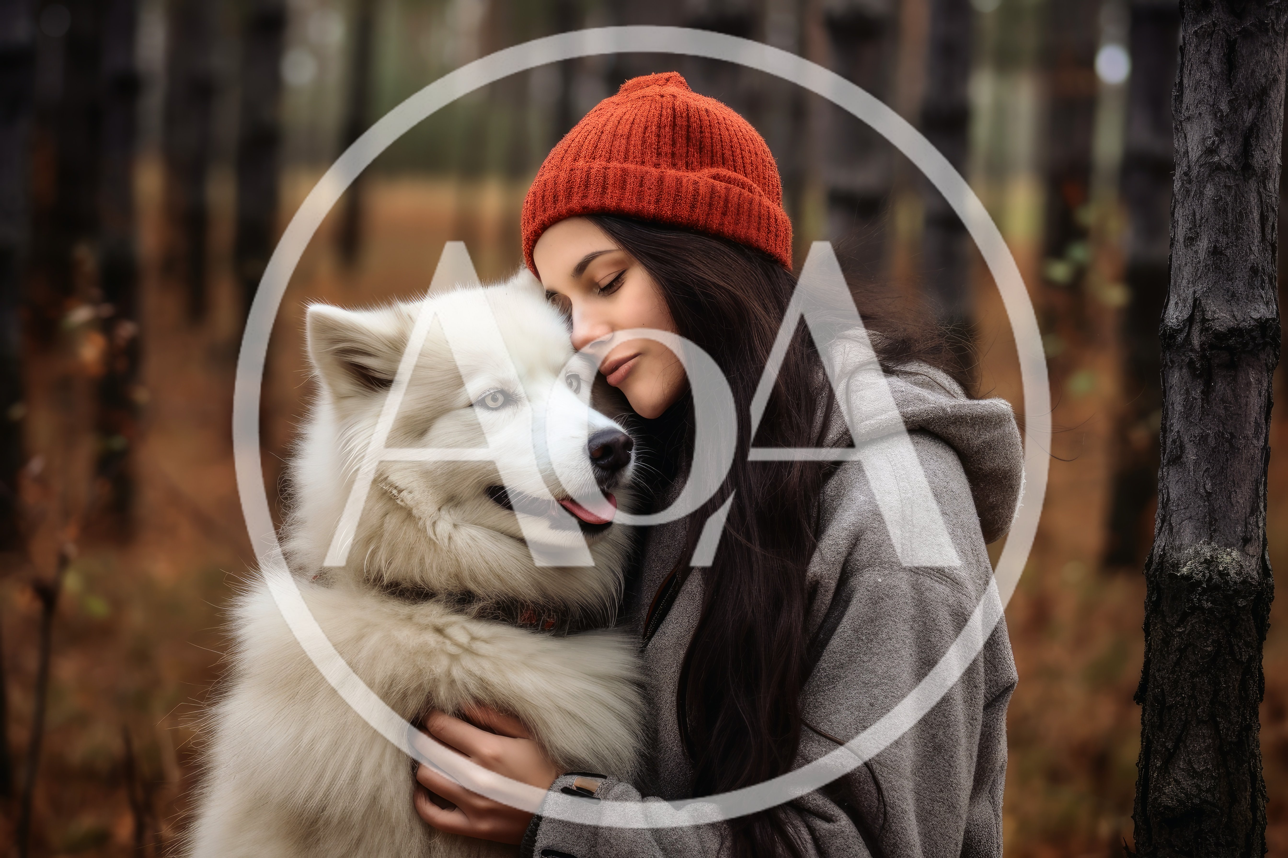 Young Woman Hugging Her Fluffy White Dog In Forest
