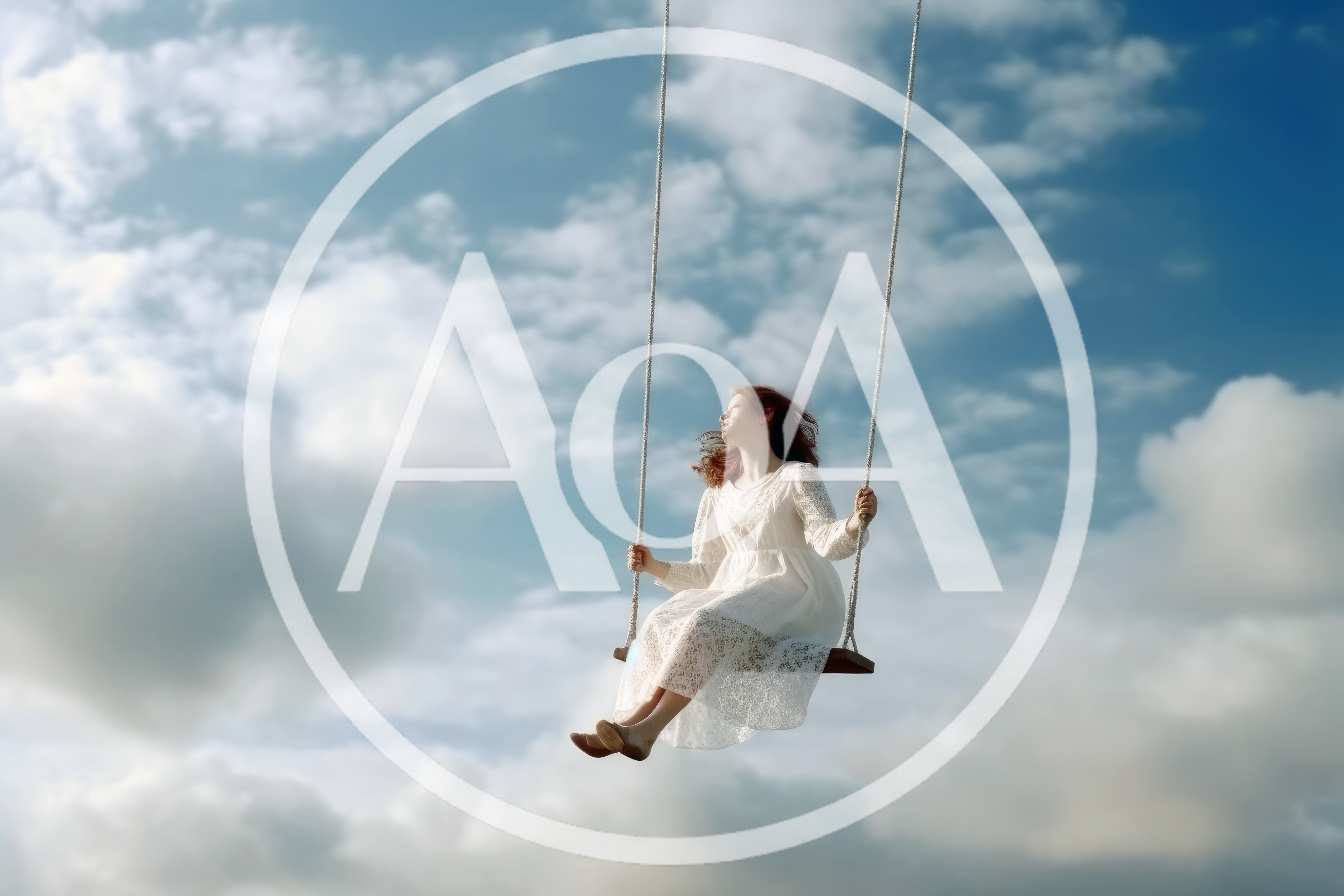 Young Woman In White Dress Swinging Against Cloudy Sky