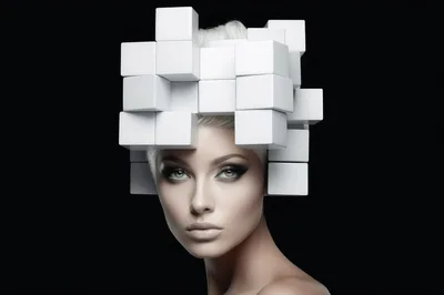 Portrait Of A Woman With Geometric Cube Hairpiece