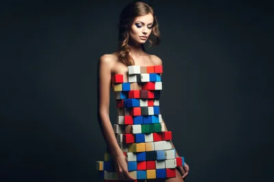 Fashion Model Wearing A Geometric Cube Dress