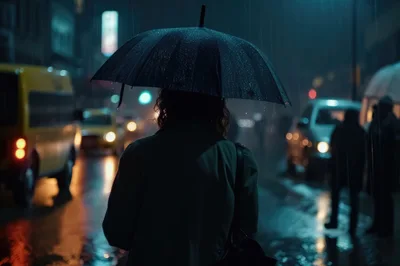 Person Standing Under Umbrella In Rainy City Street