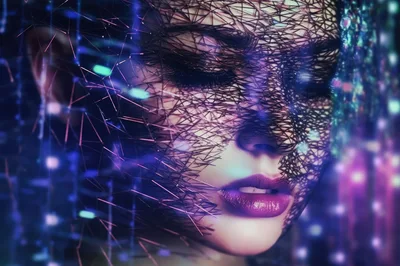 Digital Portrait Of A Woman With Geometric Face Overlay