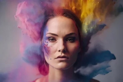 Portrait Of A Woman Surrounded By Colorful Powder Clouds