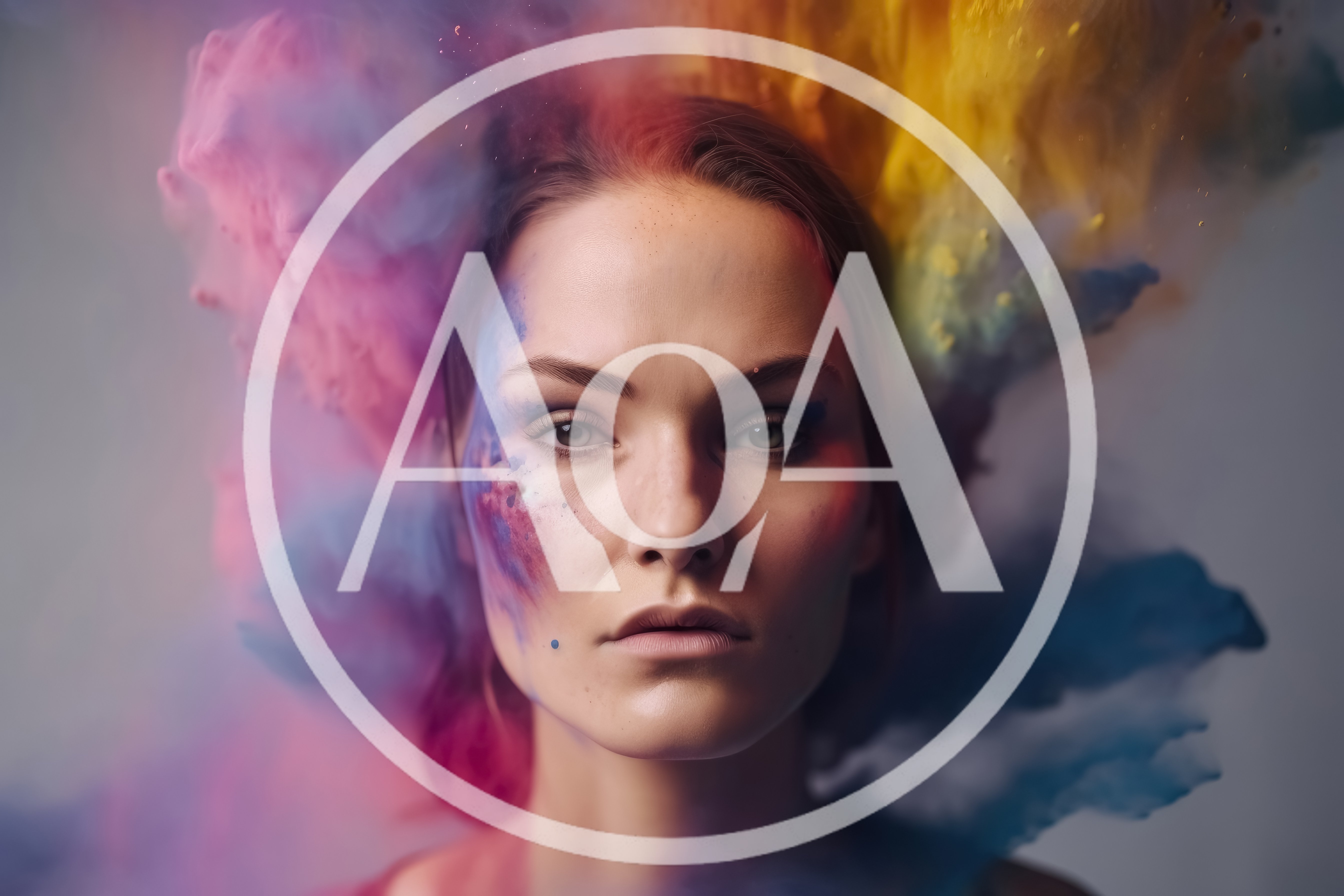 Portrait Of A Woman Surrounded By Colorful Powder Clouds