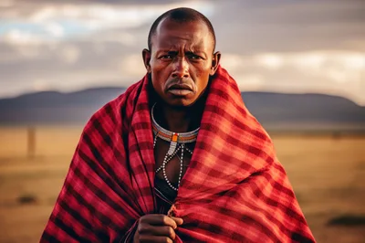 Maasai Warrior Wearing Traditional Red Shuka