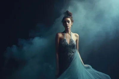 Ethereal Woman In Silver Gown Amidst Blue Smoke