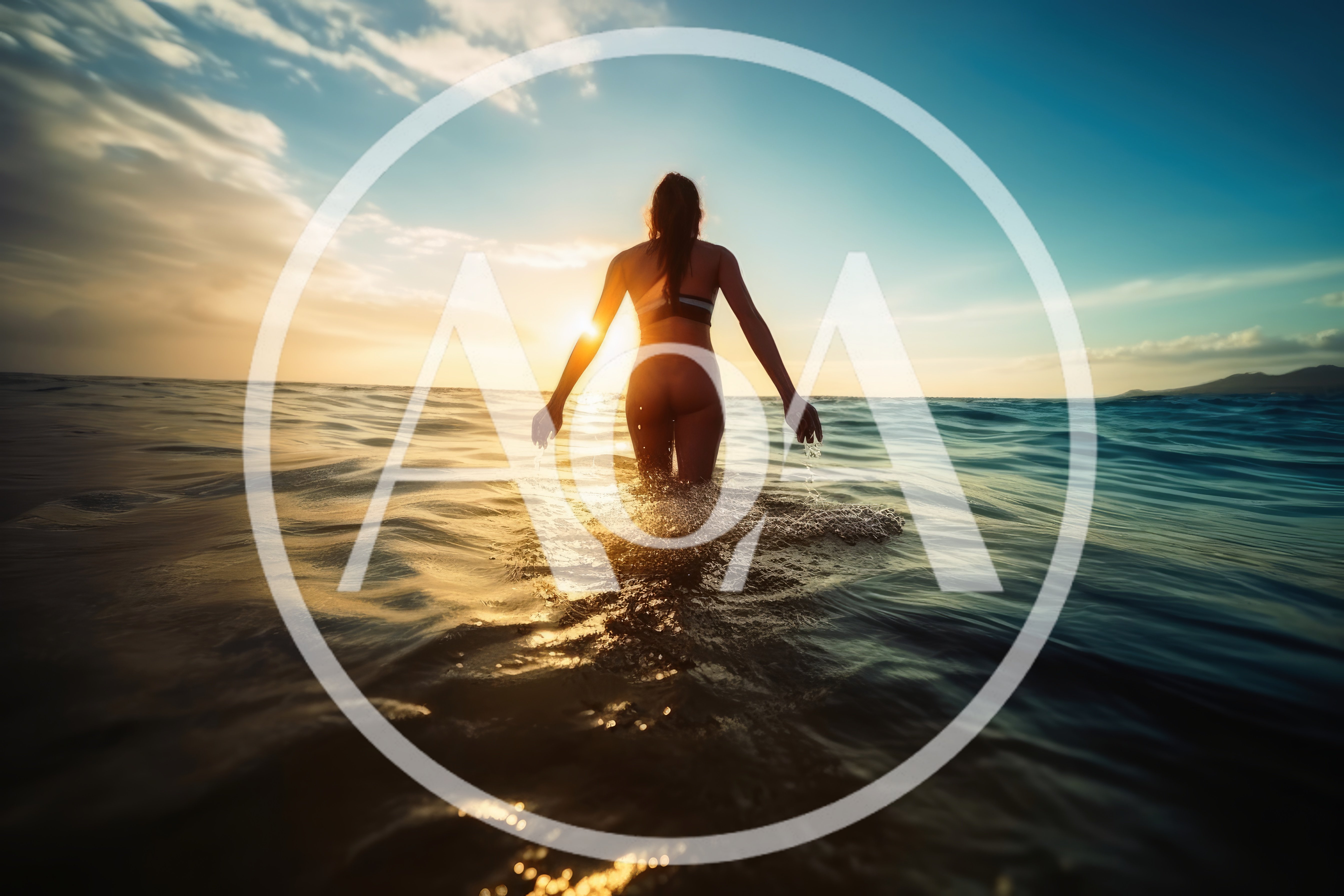 Woman Walking Into Ocean At Sunset