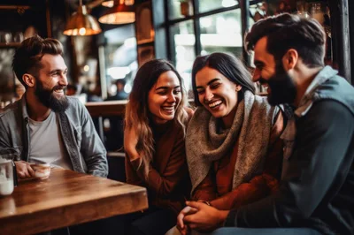 Group Of Friends Laughing Together In A Cozy Cafe