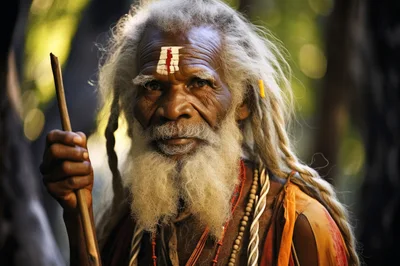 Elderly Indigenous Man With Traditional Markings And Staff