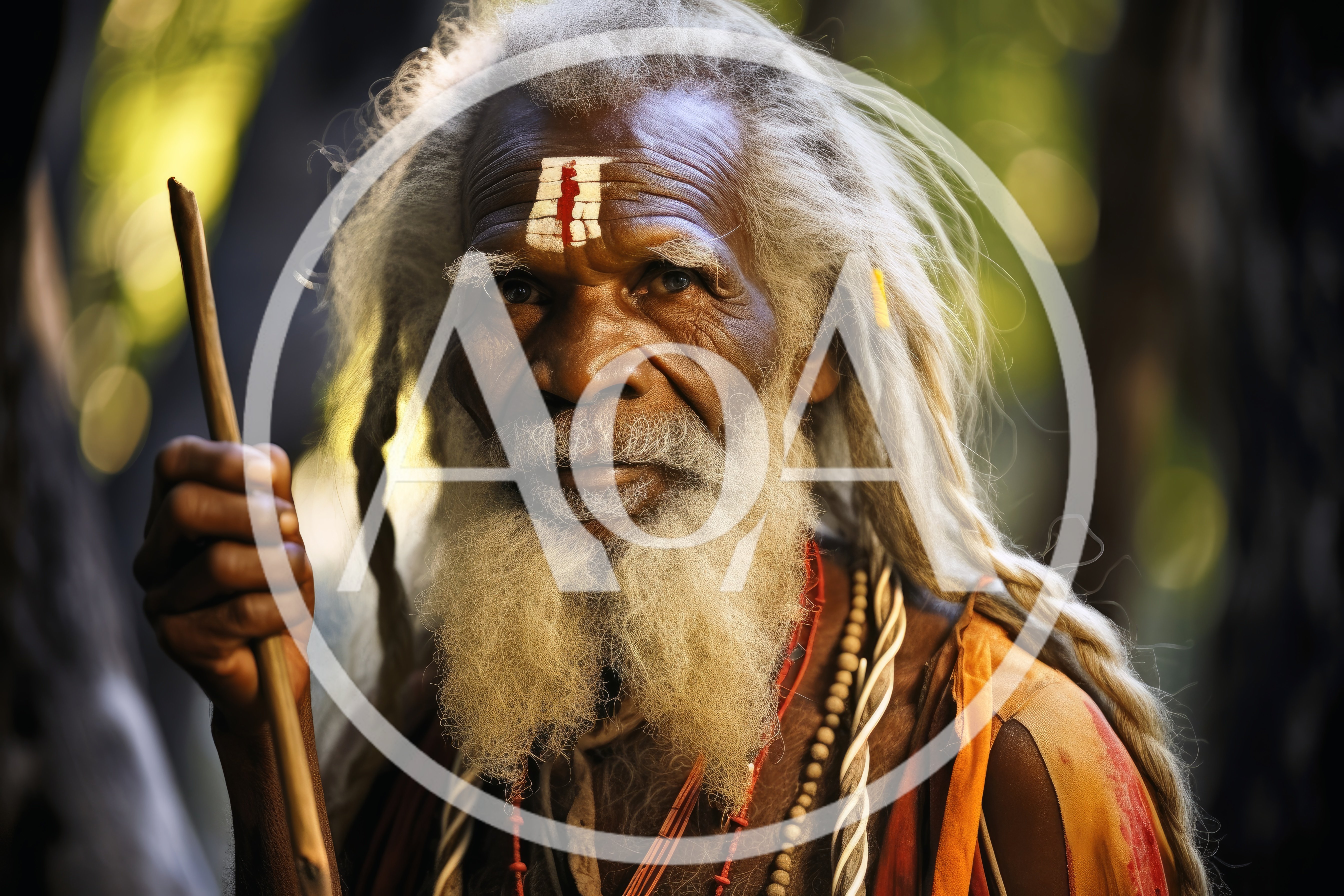 Elderly Indigenous Man With Traditional Markings And Staff