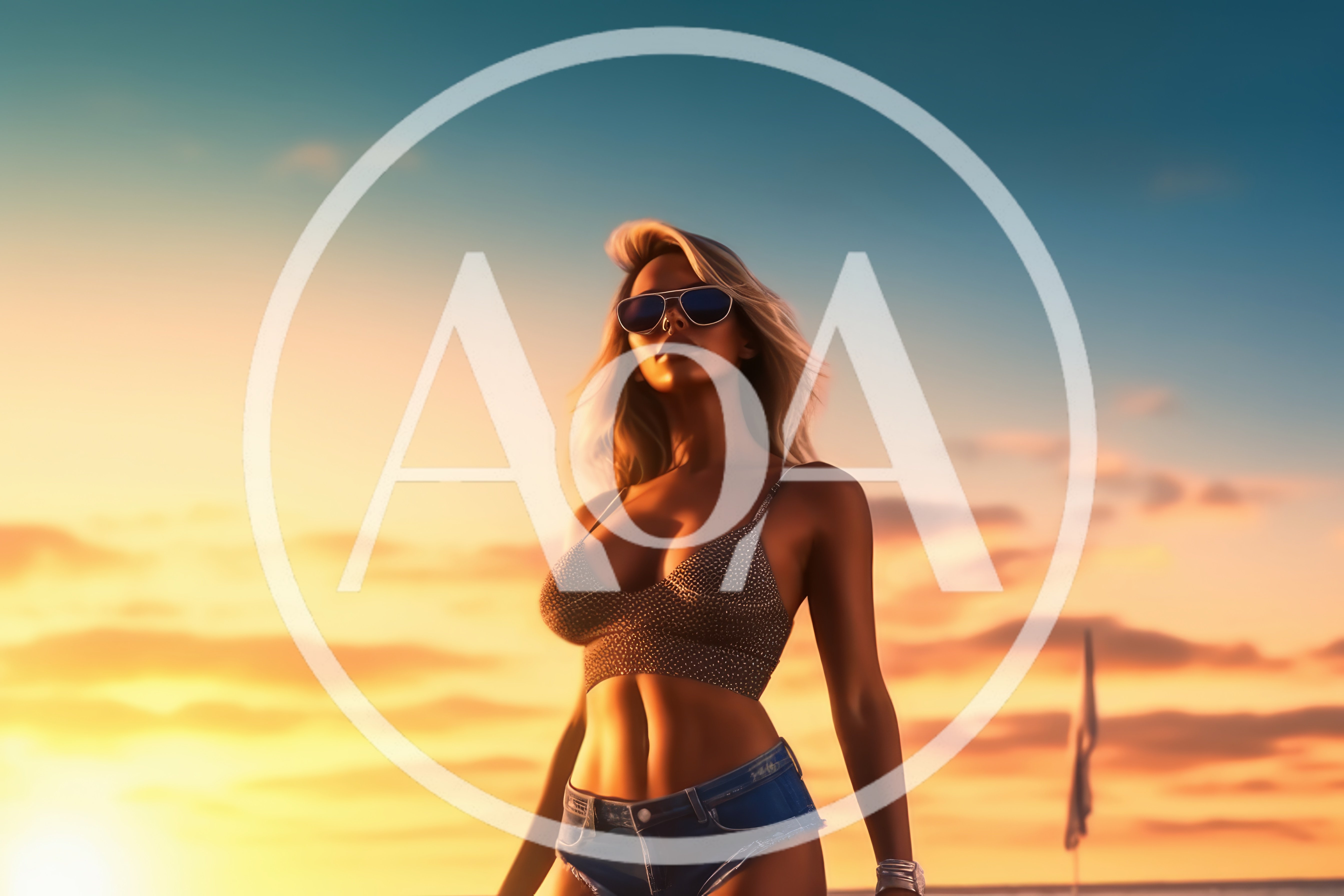 Blonde Woman Wearing Sunglasses And Denim Shorts At Sunset