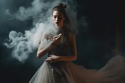 Elegant Woman In Evening Gown Surrounded By Swirling Smoke