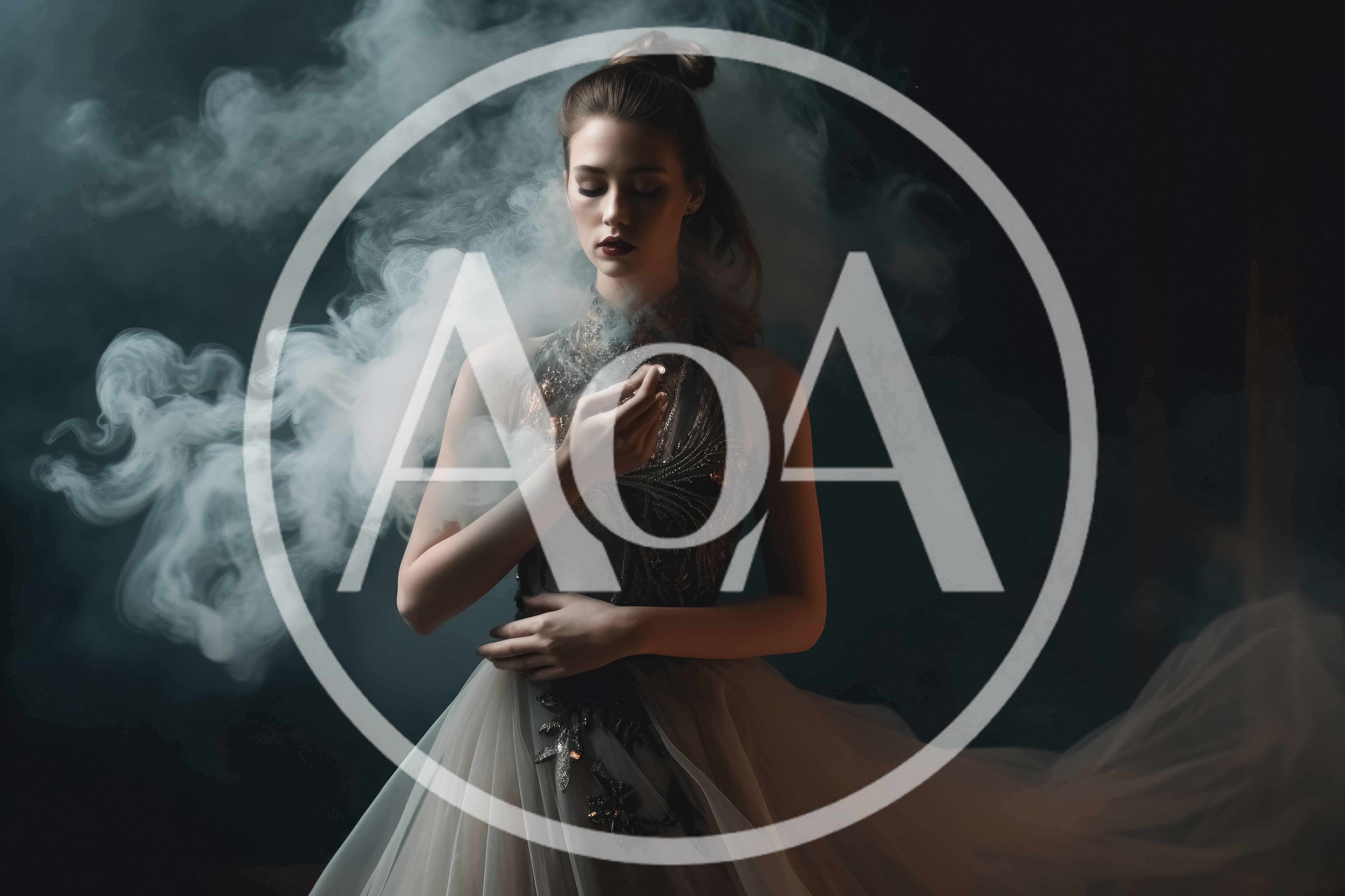 Elegant Woman In Evening Gown Surrounded By Swirling Smoke
