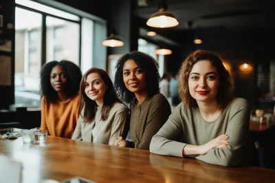Four Diverse Women Sitting Together At A Cafe Table