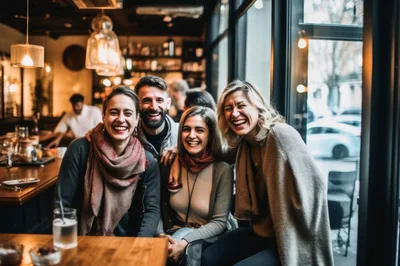 Group Of Friends Laughing Together In A Cozy Cafe