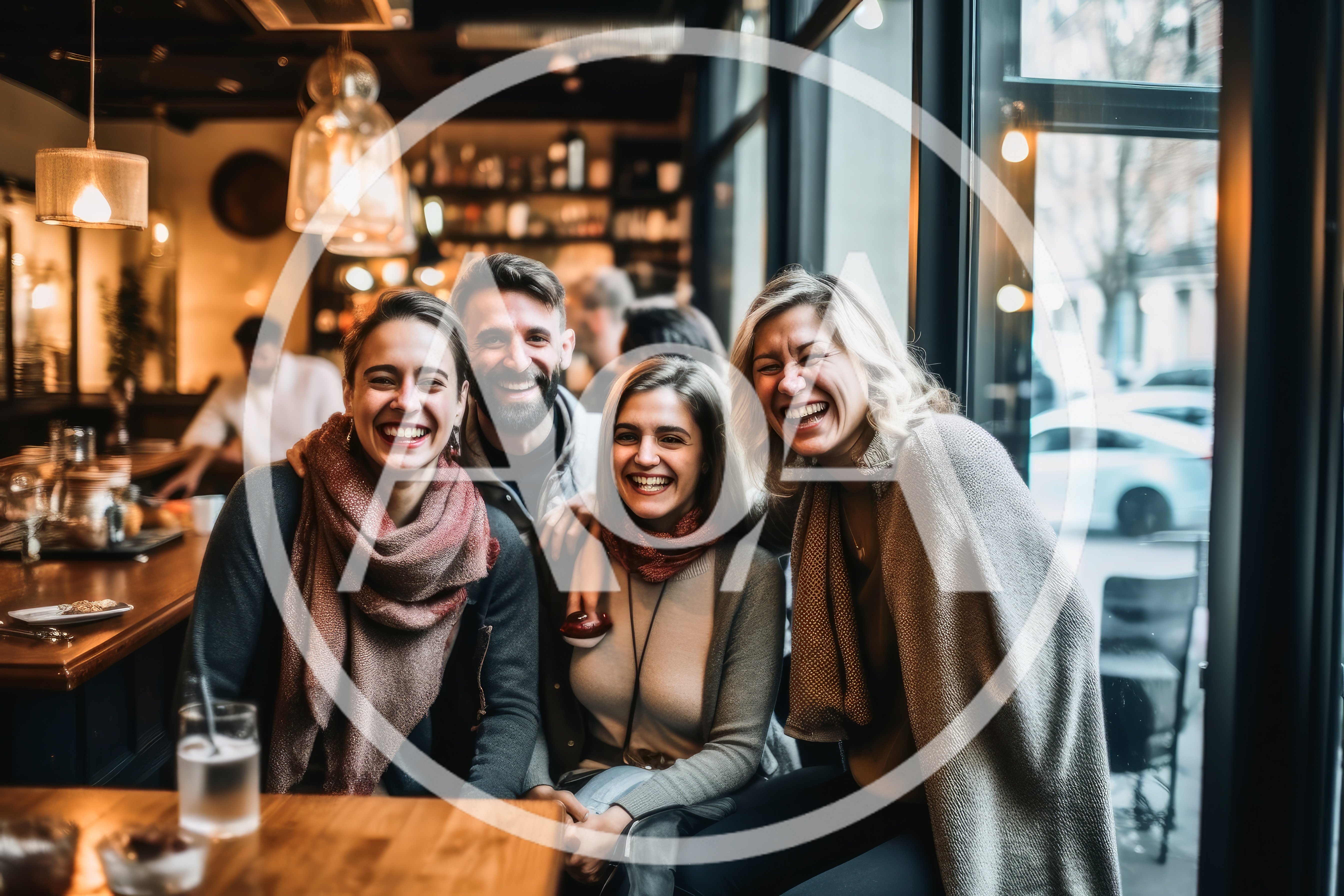 Group Of Friends Laughing Together In A Cozy Cafe