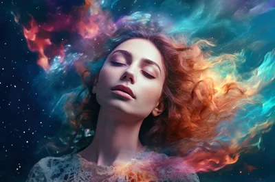 Ethereal Woman Floating In A Cosmic Nebula