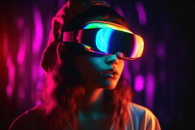 Young Woman Wearing Futuristic Virtual Reality Headset
