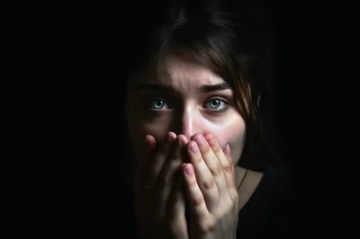 Close Up Portrait Of A Woman Covering Her Mouth