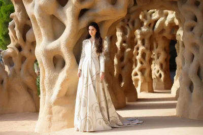 Elegant Woman In Designer Gown Standing In Gaudi Architecture