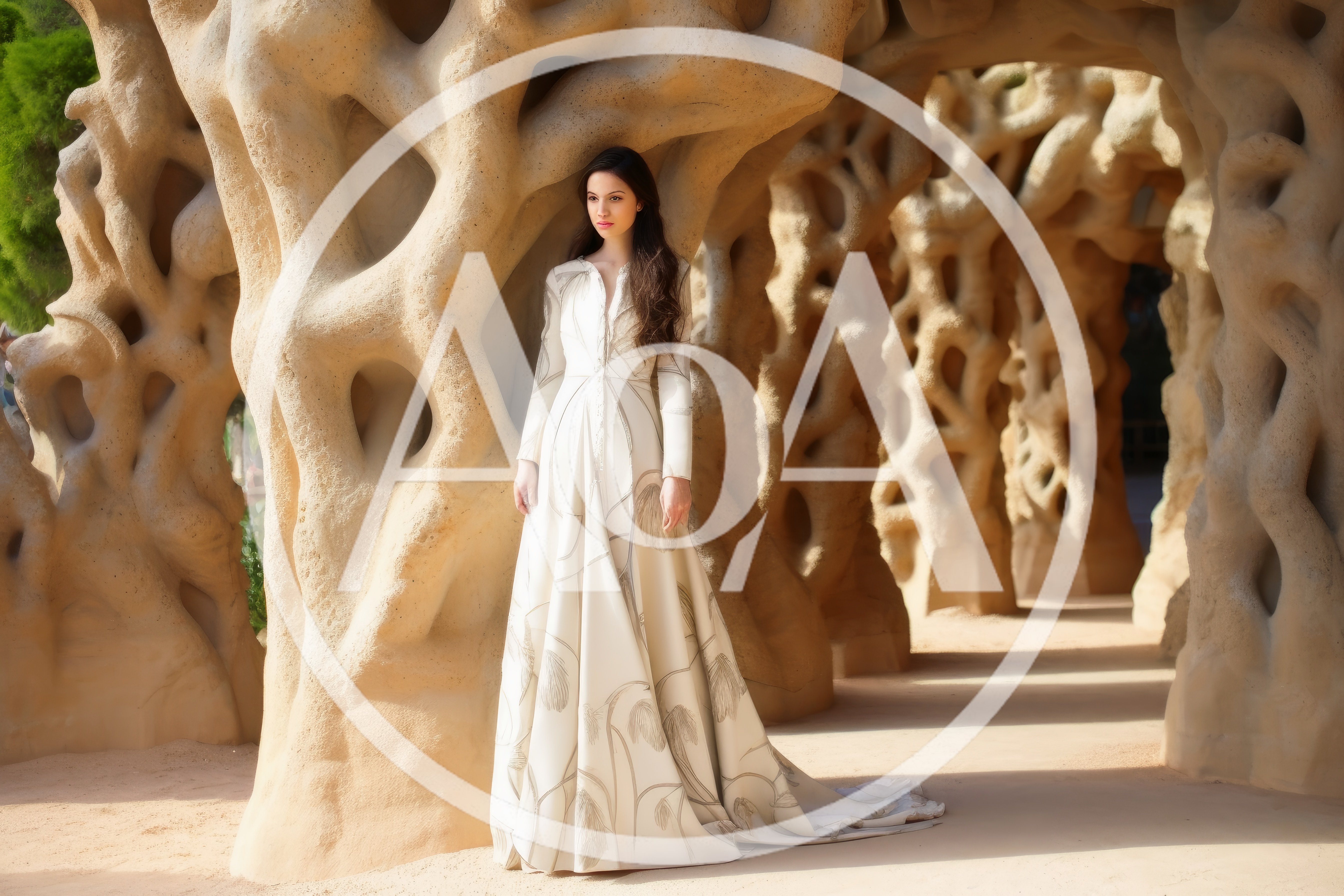 Elegant Woman In Designer Gown Standing In Gaudi Architecture