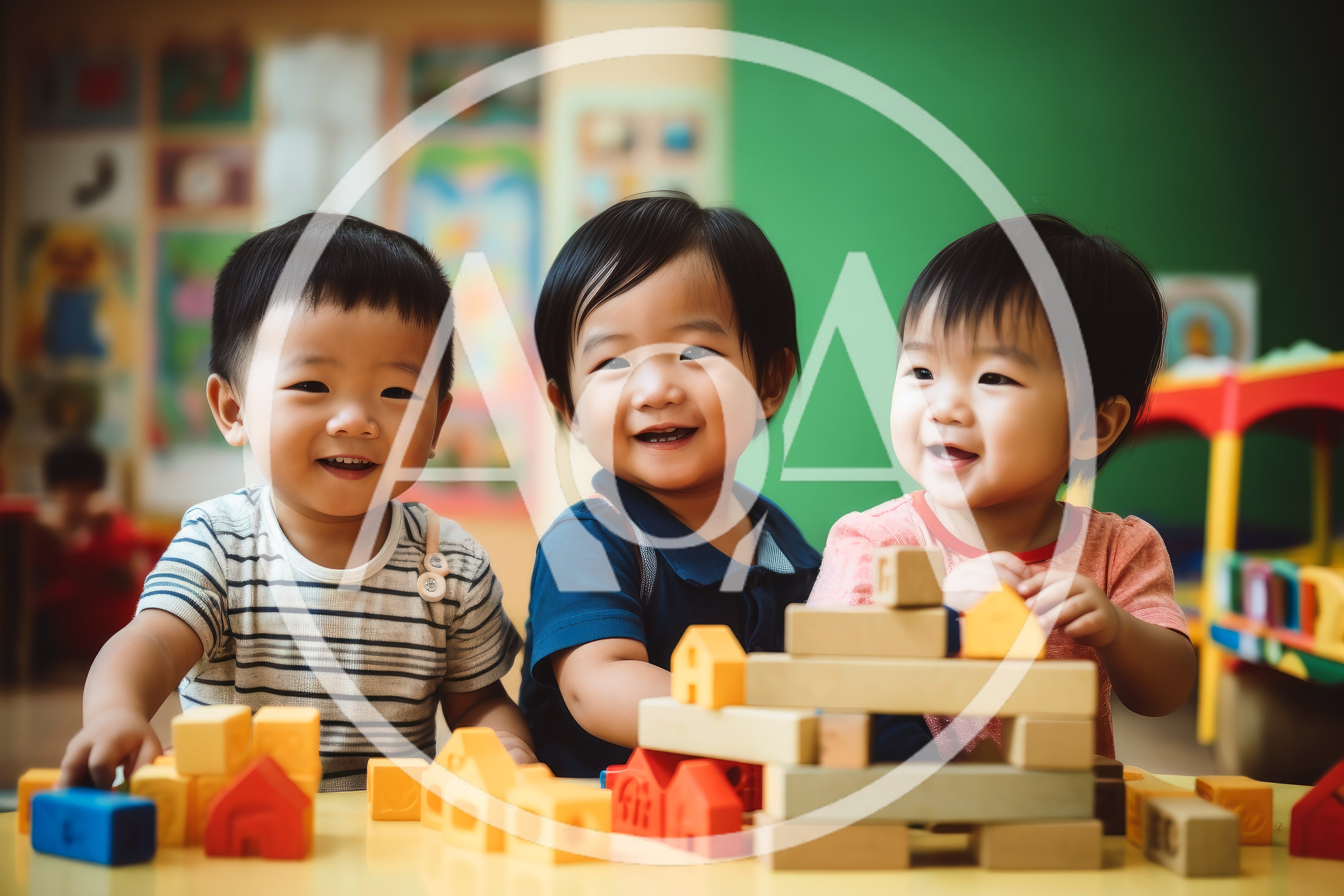 Three Toddlers Playing With Wooden Building Blocks