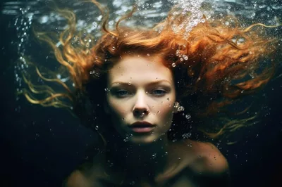 Redheaded Woman Floating Underwater With Bubbles
