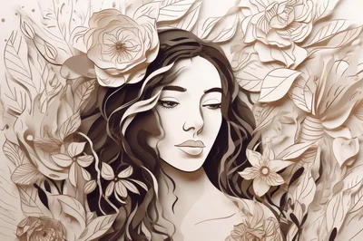 Stylized Portrait Of A Woman Surrounded By Paper Flowers