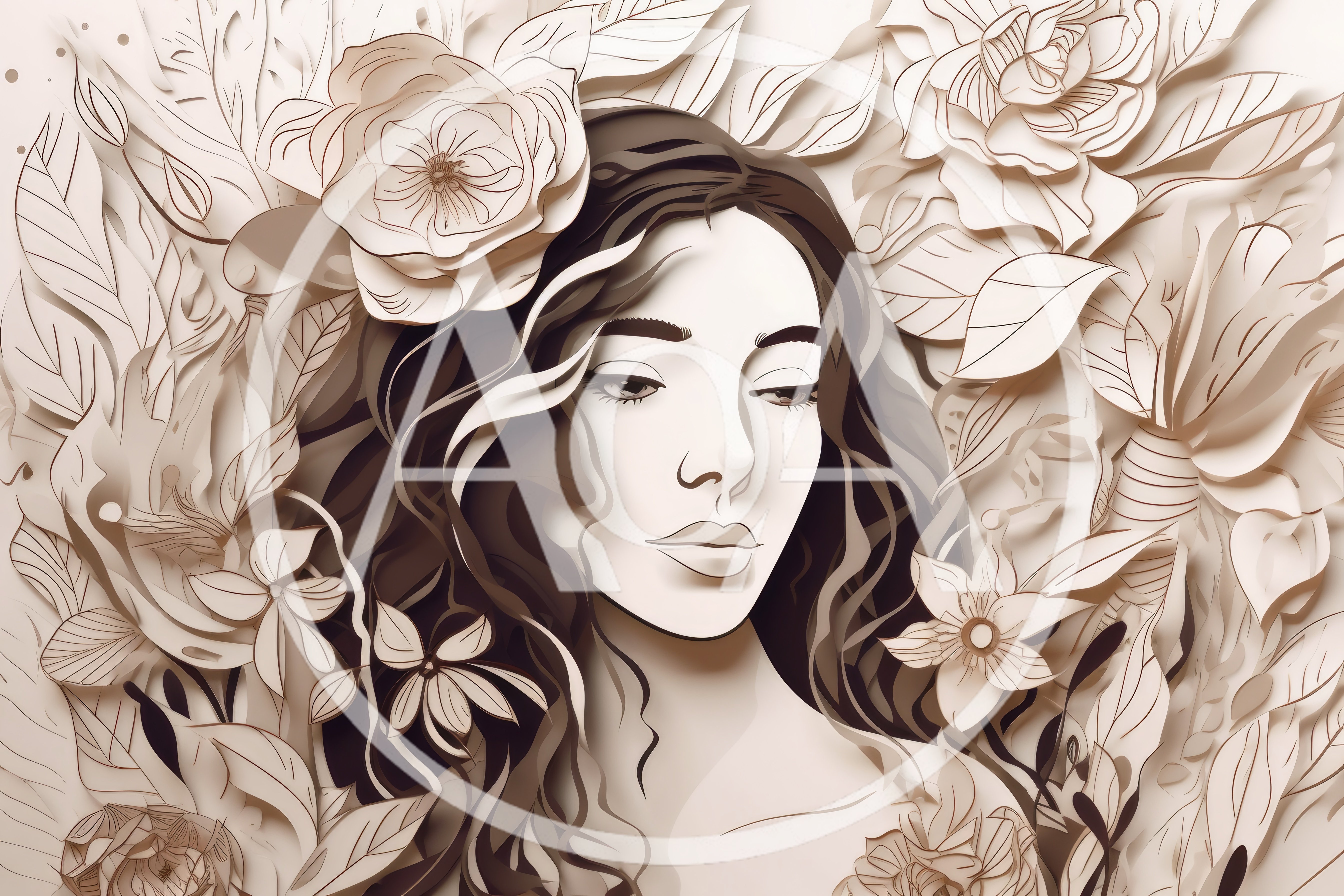 Stylized Portrait Of A Woman Surrounded By Paper Flowers