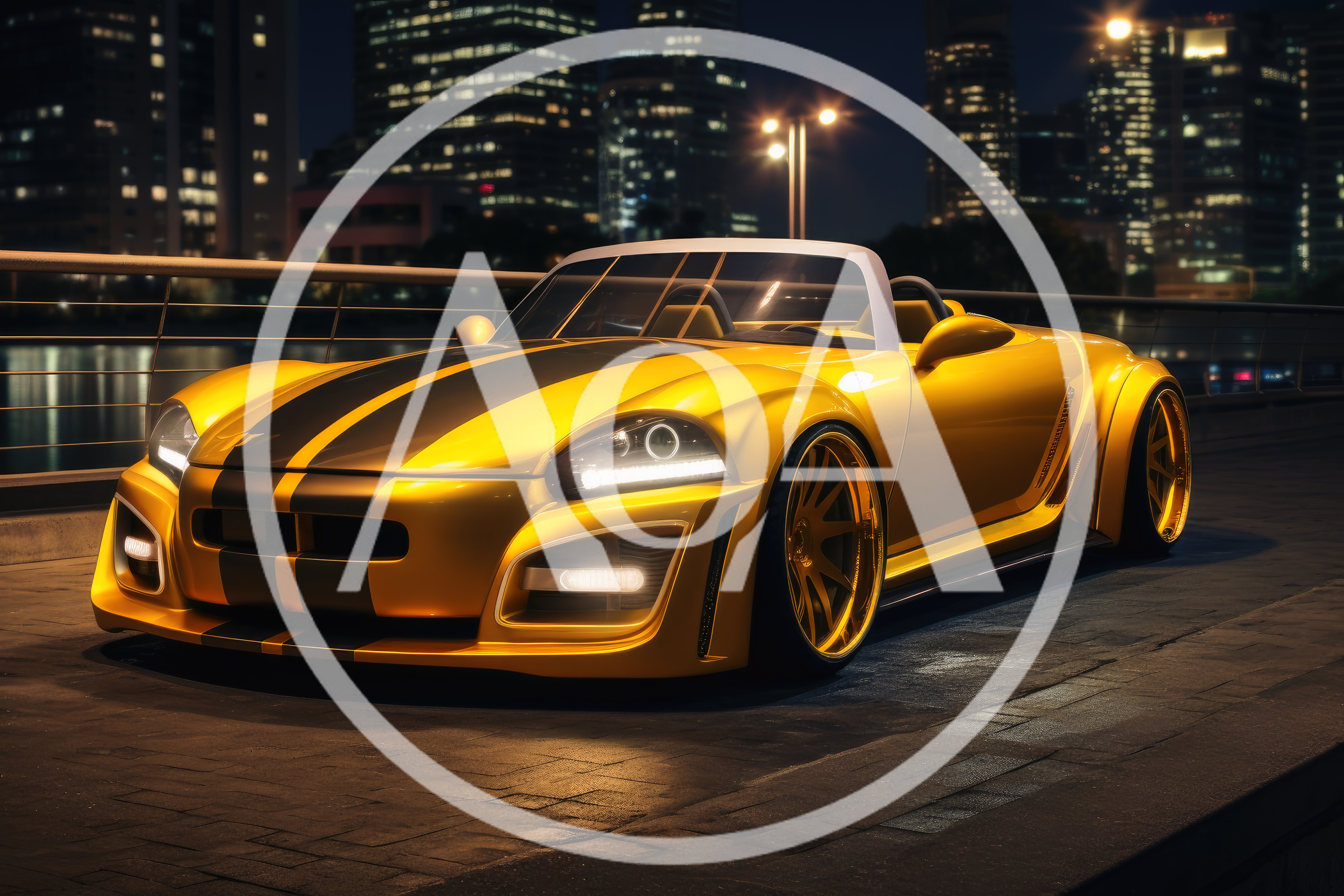 Yellow Sports Car Parked On City Waterfront At Night