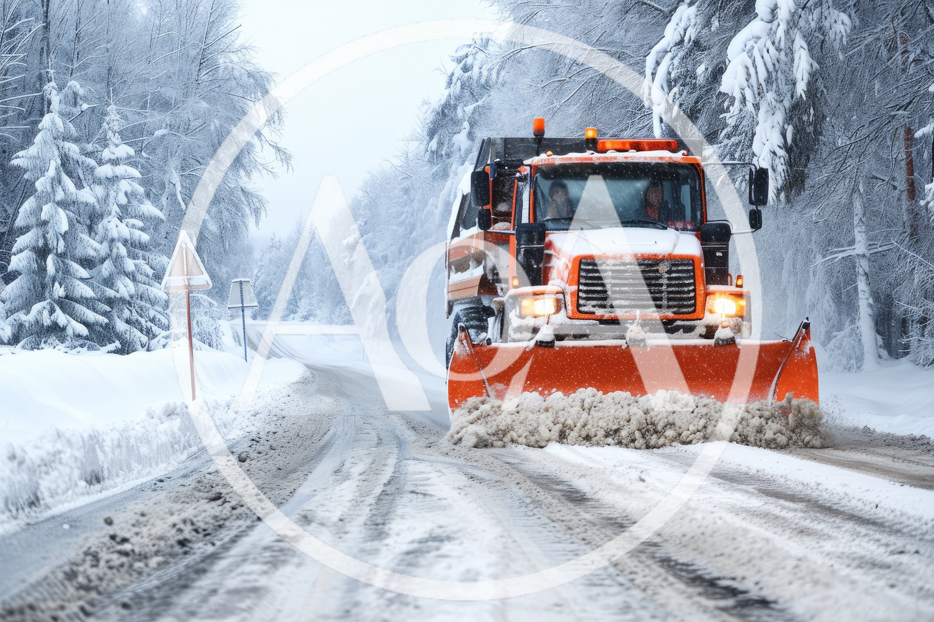 Orange Snowplow Clearing Snowy Road In Winter Forest