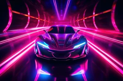 Futuristic Sports Car Driving Through Neon Tunnel