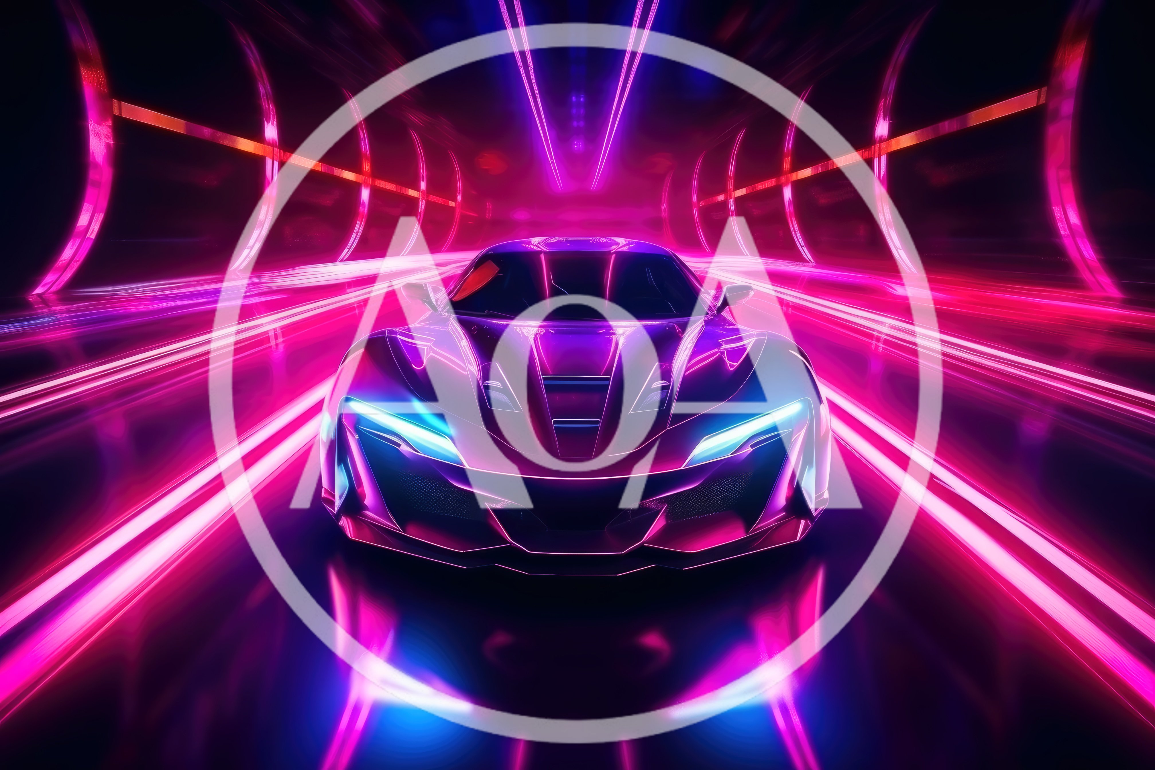 Futuristic Sports Car Driving Through Neon Tunnel