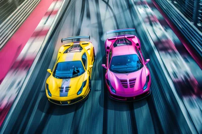 Yellow and Pink Supercars Racing on Track