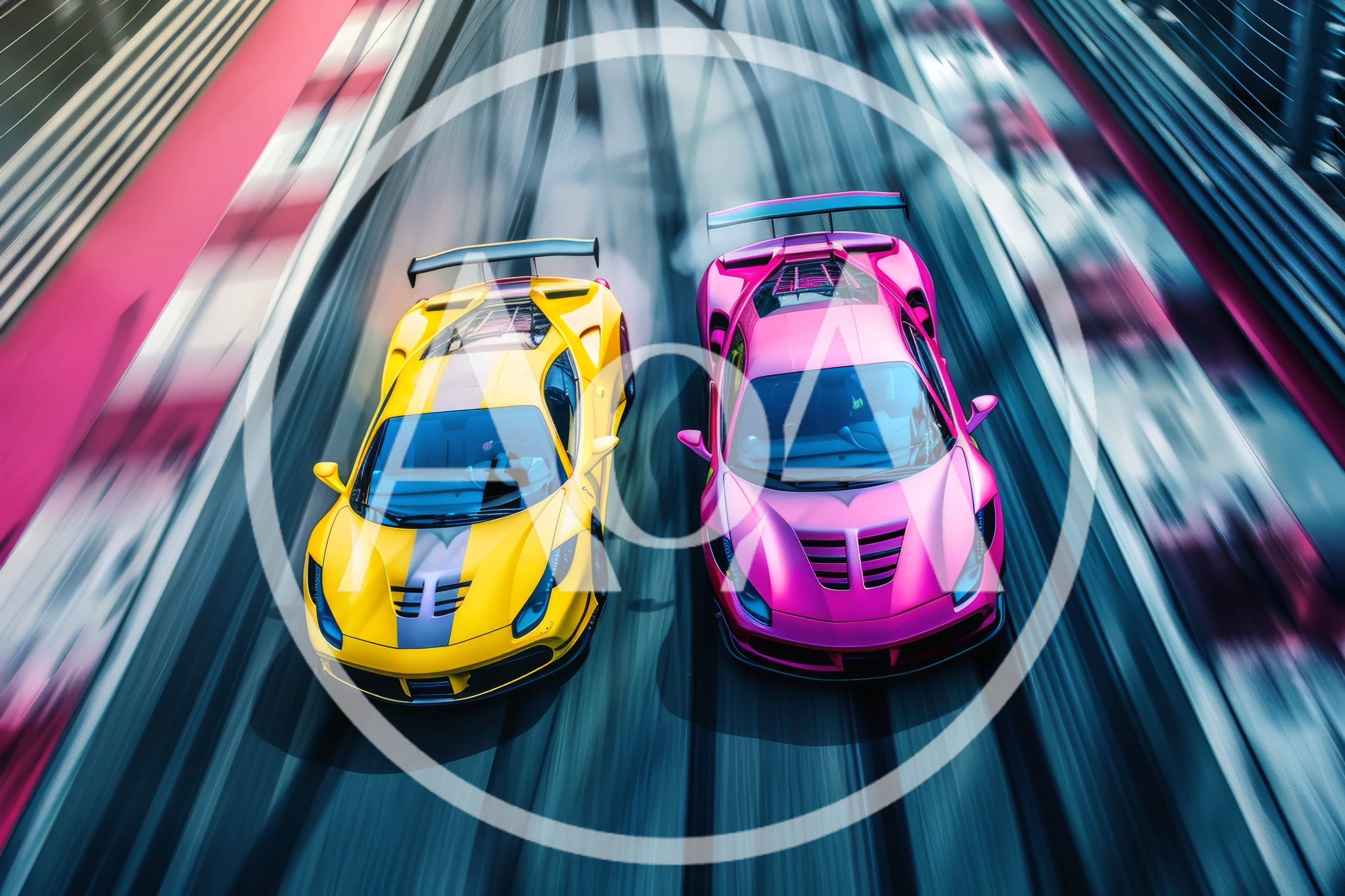 Yellow and Pink Supercars Racing on Track