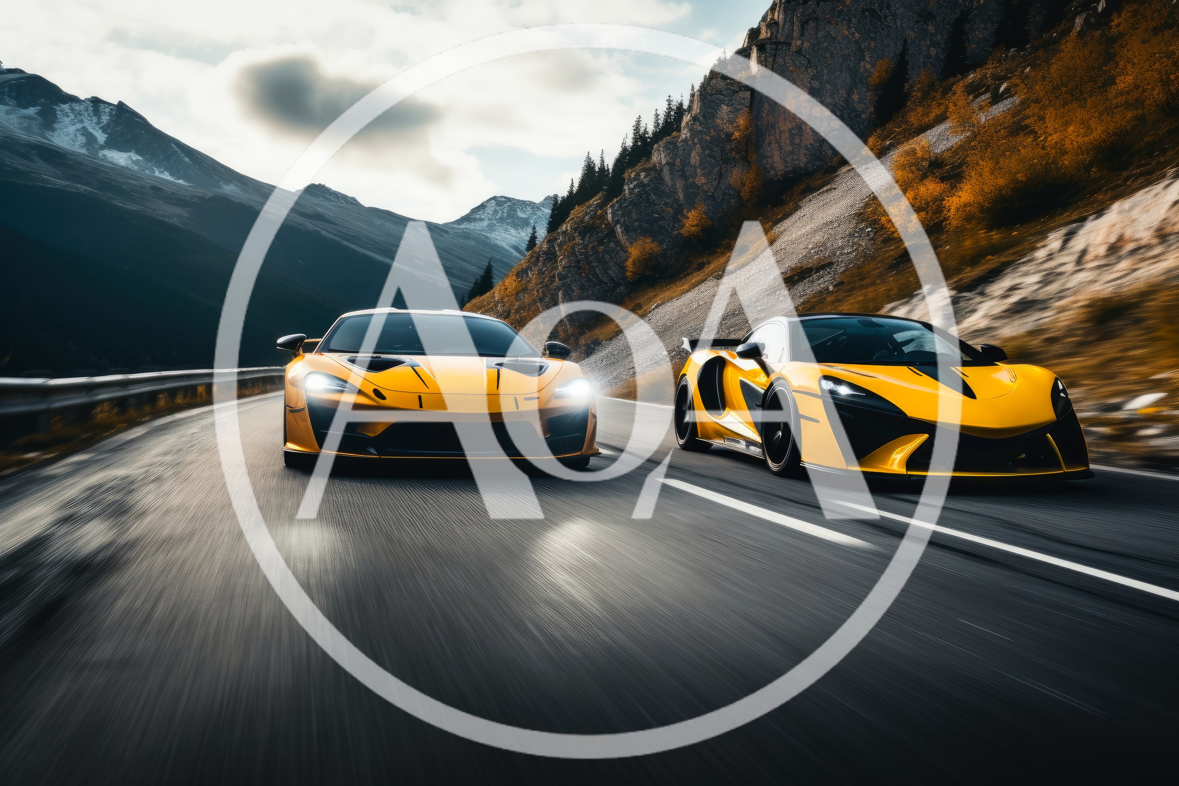Two Yellow Supercars Racing On Mountain Road