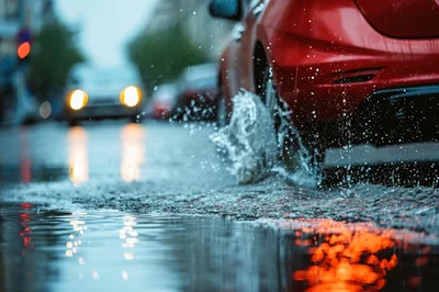 Red Car Driving Through Puddle On Rainy City Street