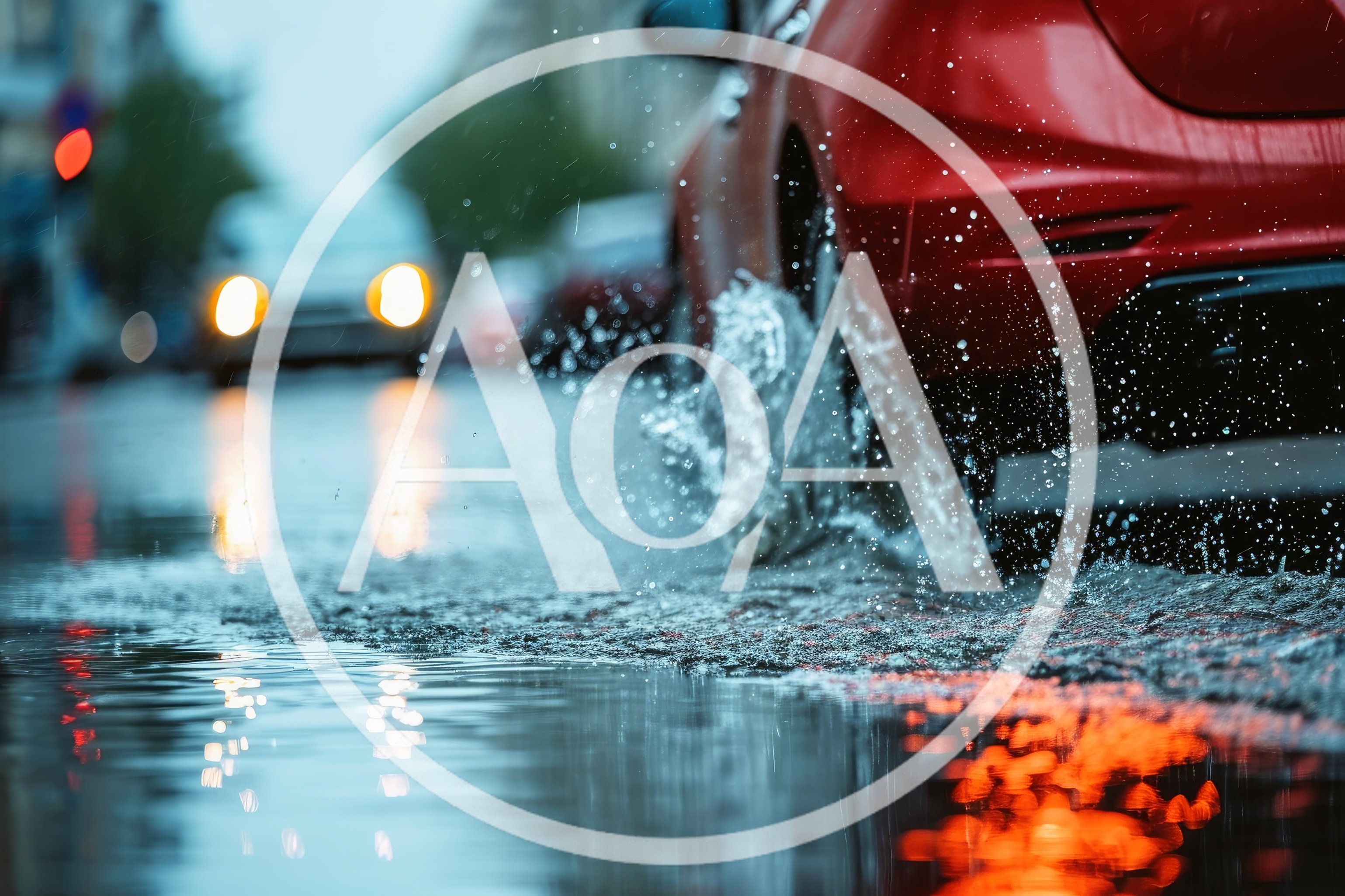 Red Car Driving Through Puddle On Rainy City Street