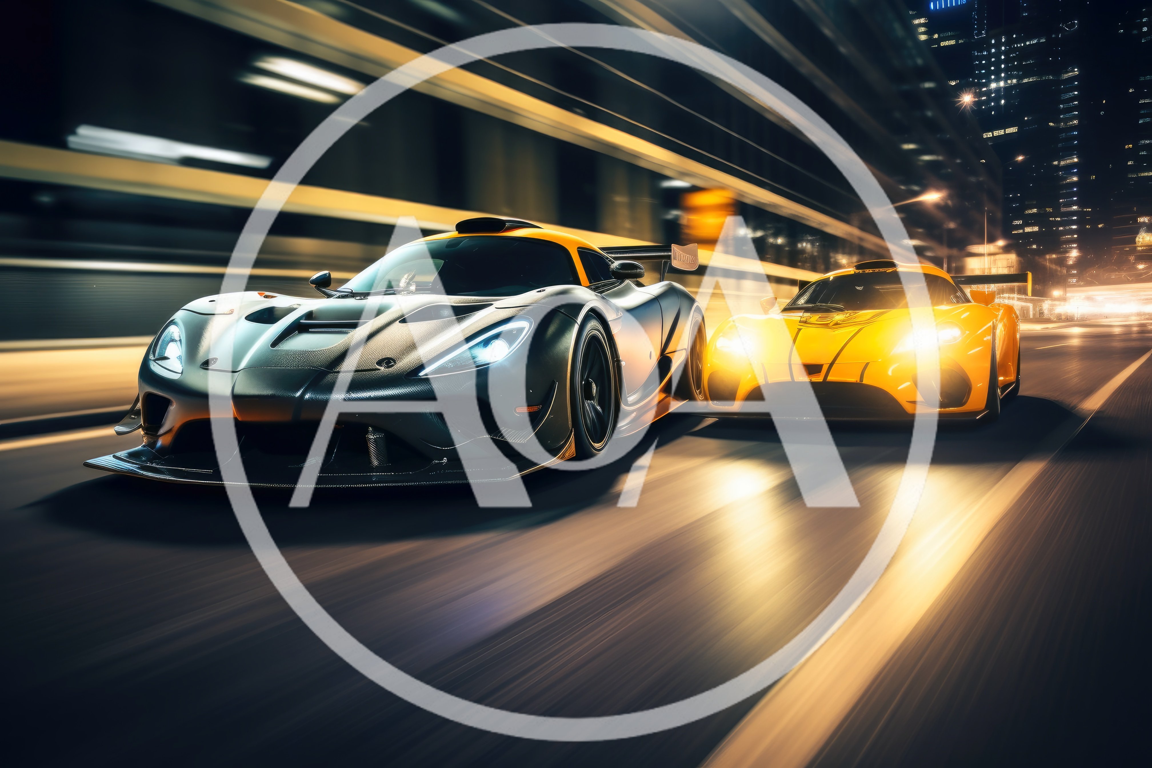 Two Supercars Racing Through City Streets At Night