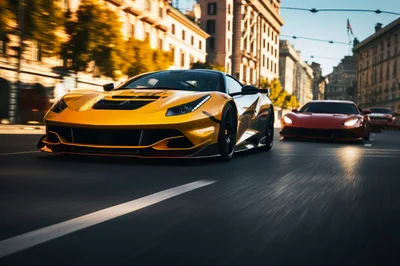Yellow Supercar Racing Through A Historic European City
