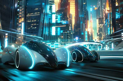 Futuristic Concept Cars Racing Through Neon Cyberpunk City