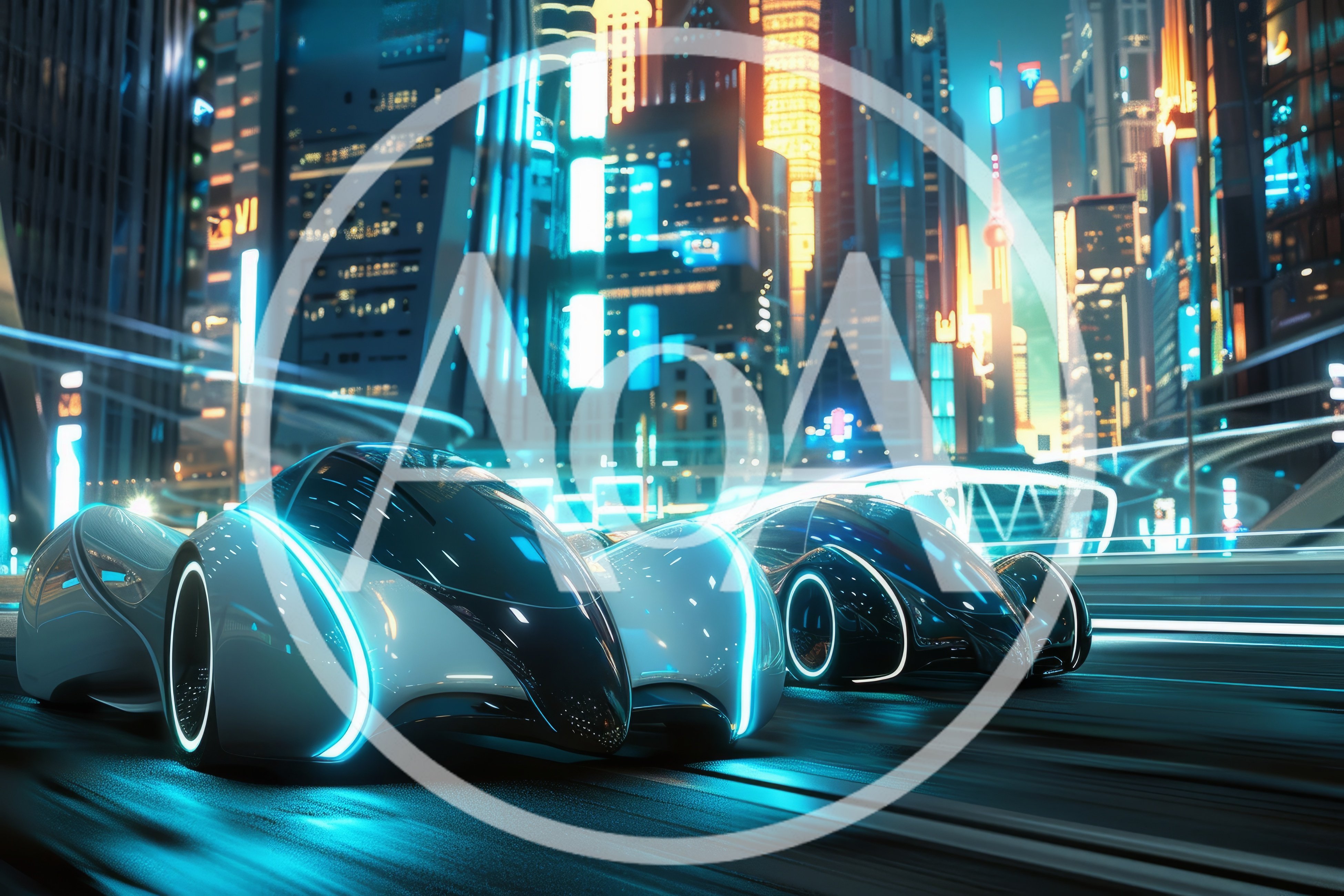 Futuristic Concept Cars Racing Through Neon Cyberpunk City