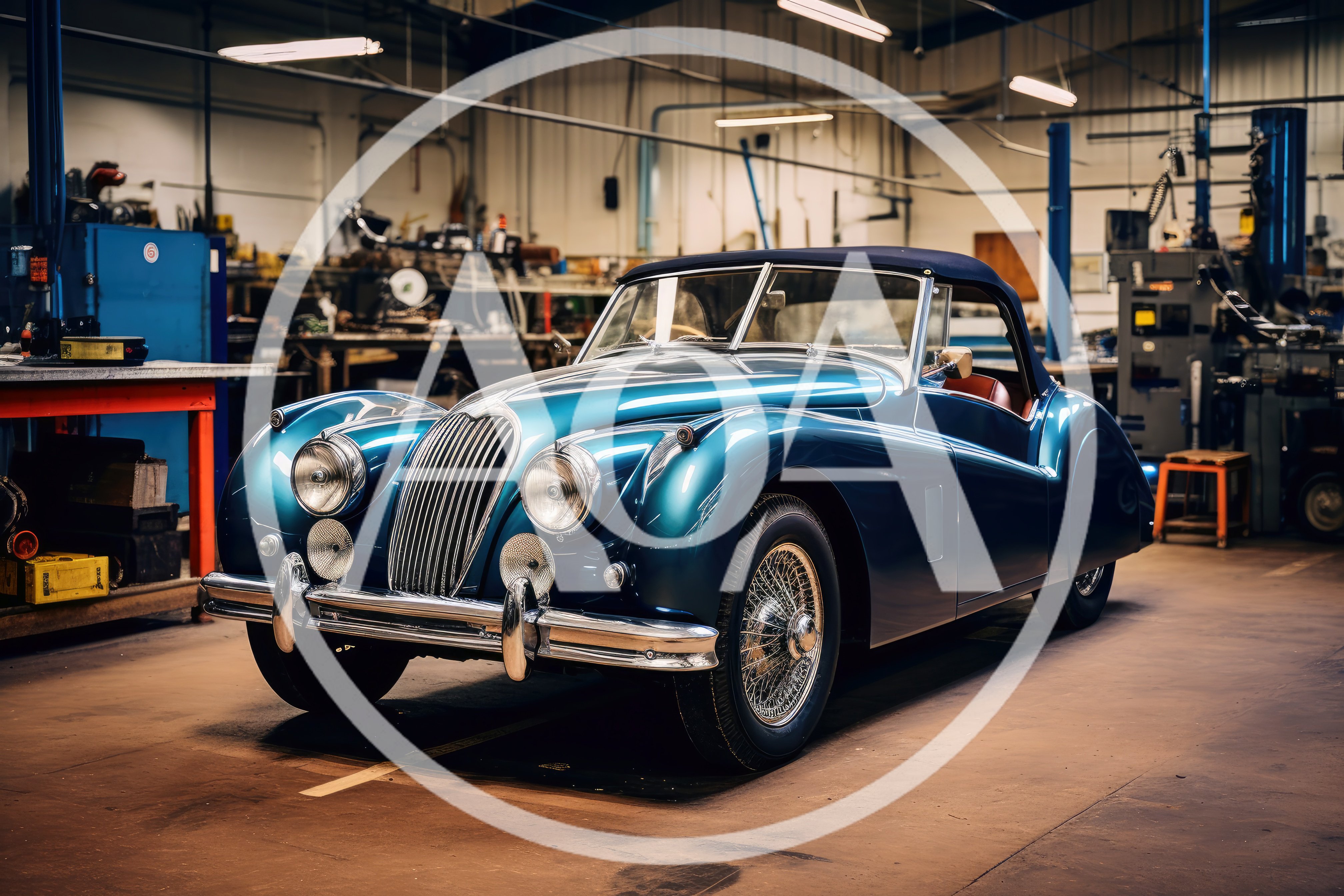 Classic Blue Jaguar XK120 Roadster in Auto Repair Shop