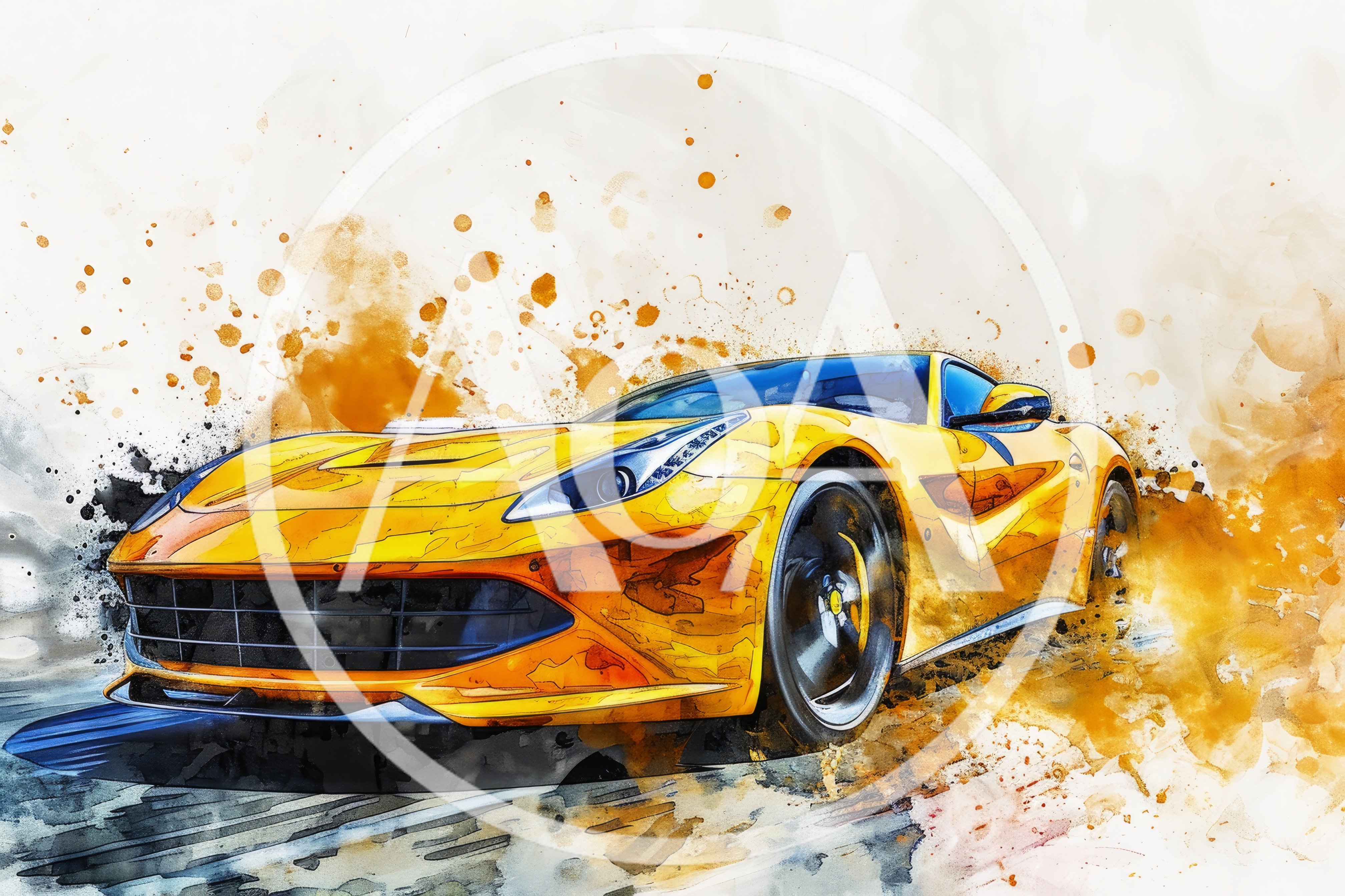 Yellow Ferrari Sports Car Watercolor Illustration
