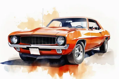 Watercolor Illustration Of A Classic Orange Muscle Car