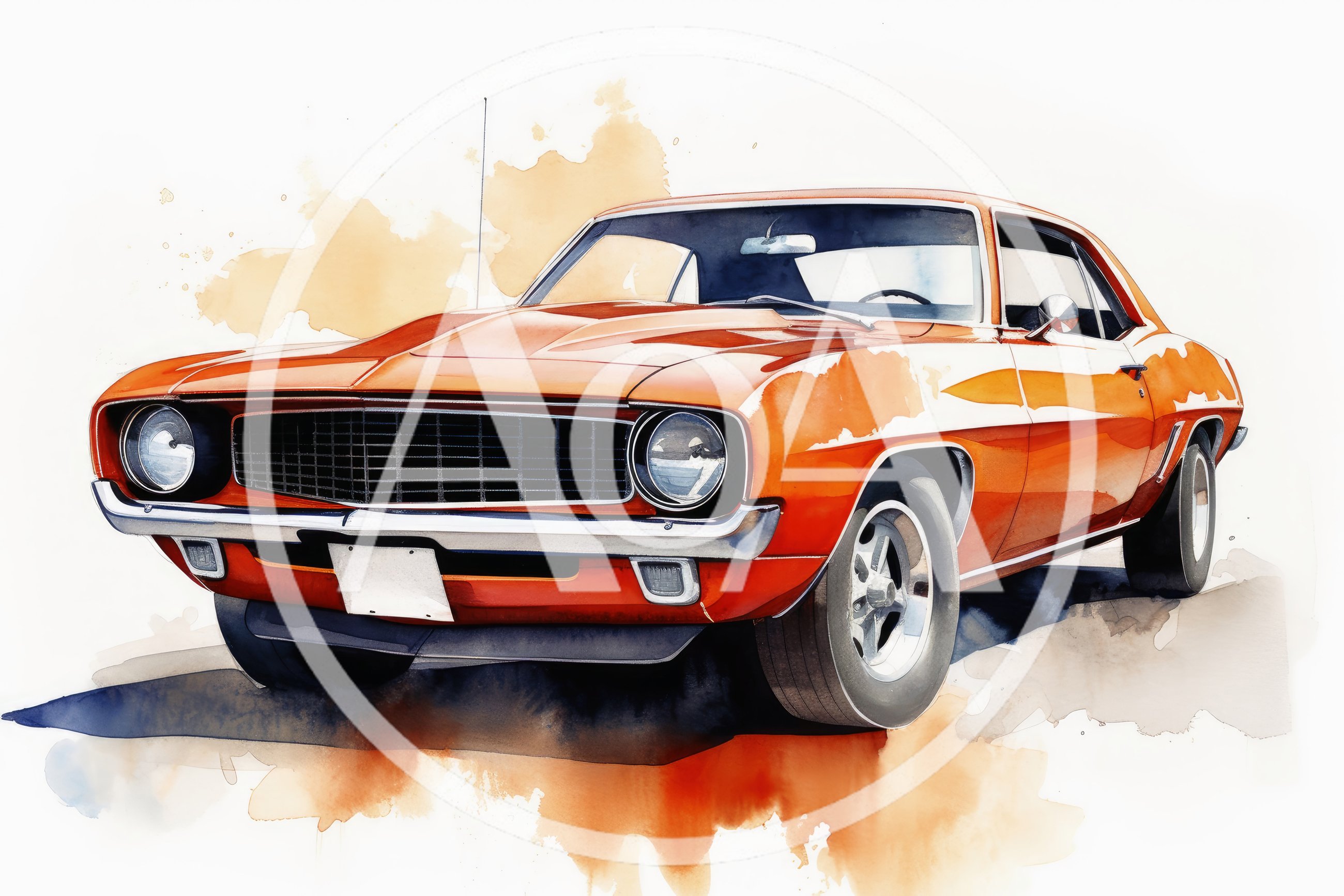 Watercolor Illustration Of A Classic Orange Muscle Car