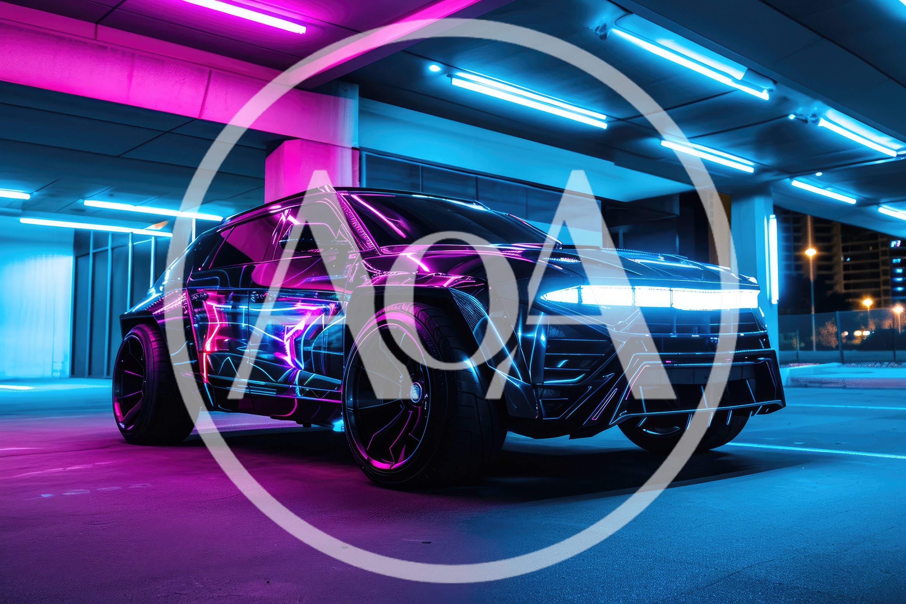 Futuristic Luxury SUV in Neon Lit Parking Garage